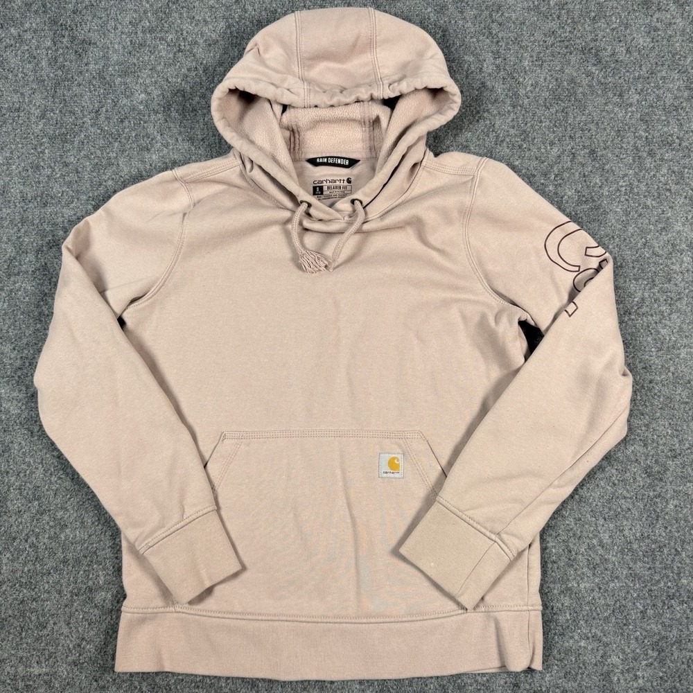 🌸 Carhartt Rain Defender Hoodie Small Relaxed Fit Mauve Pink Sleeve Logo Womens